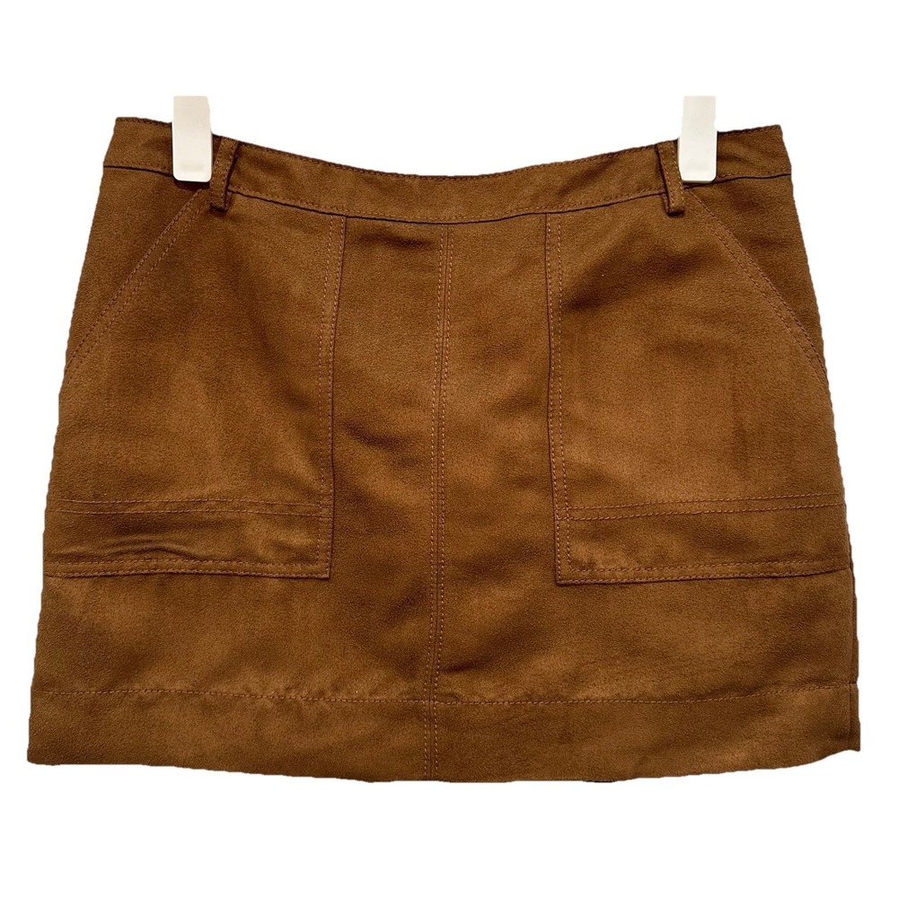 Hinge Mini Skirt Women's Size Medium Brown Faux Suede Pockets Fully Lined Zip Up